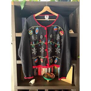Vintage Nutcracker Black & Red Embroidered Ugly Christmas Sweater Cardigan Large